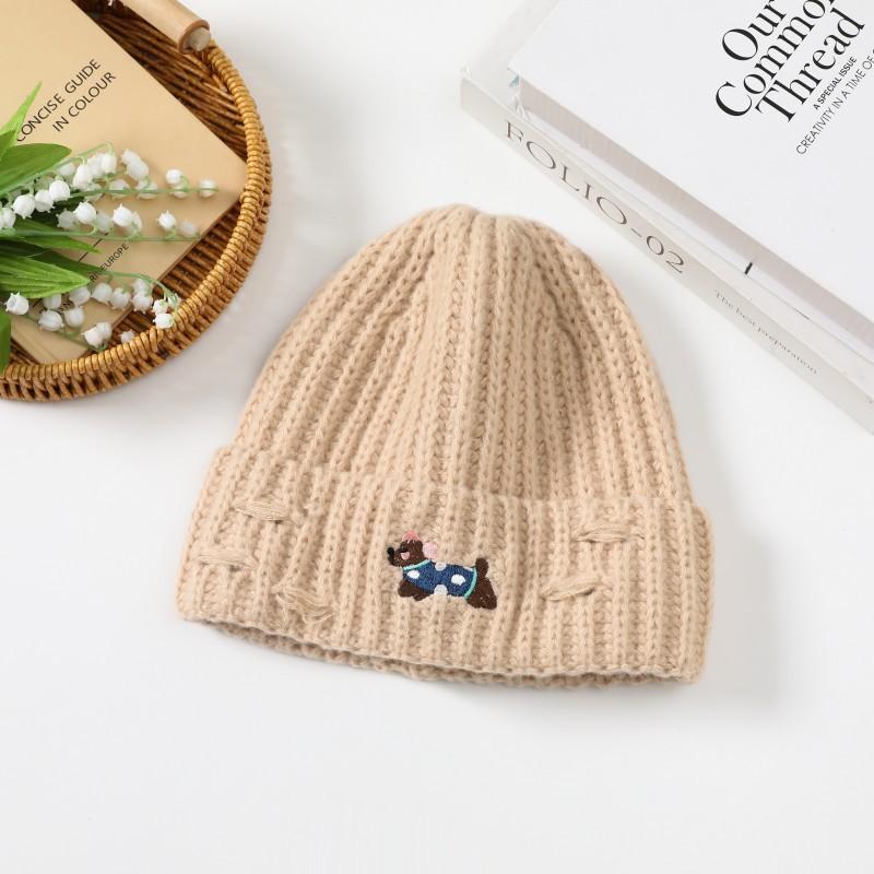 Cute Puppy Embroidered Hole Knitted Hat for Women Autumn and Winter New Style Baotou Cold Hat Warm Ear Protection Woolen Hat for Women