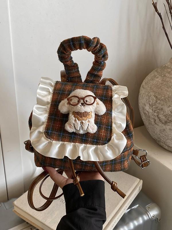 Korean Style Children's Plaid Plush Cartoon Doll Backpack