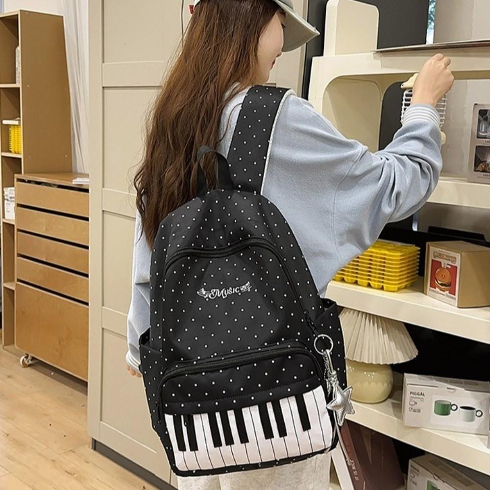 Zaino con Stampa Pois in Nylon Stile Preppy Zaino Chiave di Pianoforte Grande Capacità Borsa Scolastica Quotidiana