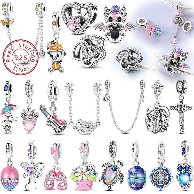 S925 Silver Bee Bear Easter Egg Guitar Jesus Saint Mary Charms Beads Fit 3mm Bracelets DIY Fine Jewelry Making