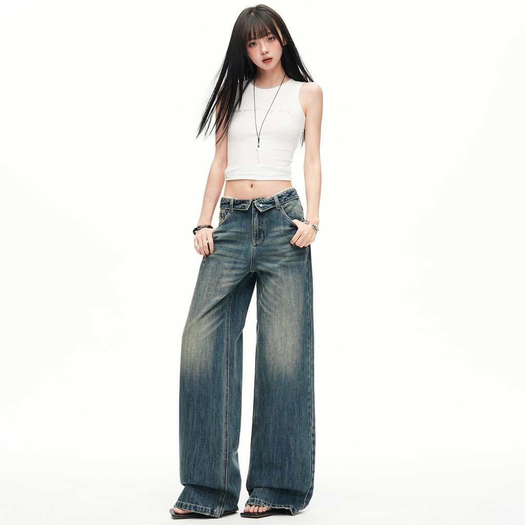 Trendy Vintage Cuffed Waist Relaxed Straight Wide Leg Comfy Denim Pants For Ladies Spring Summer Casual Pants Oversize Denim Trousers