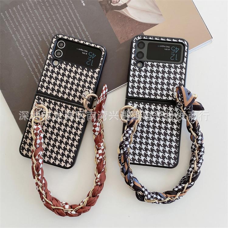 Applicable To Samsung ZFlip3 Plaid Leather Folding Mobile Phone Case ZFlip4 Portable Rope Silk Scarf Back Cover Case Protective Case