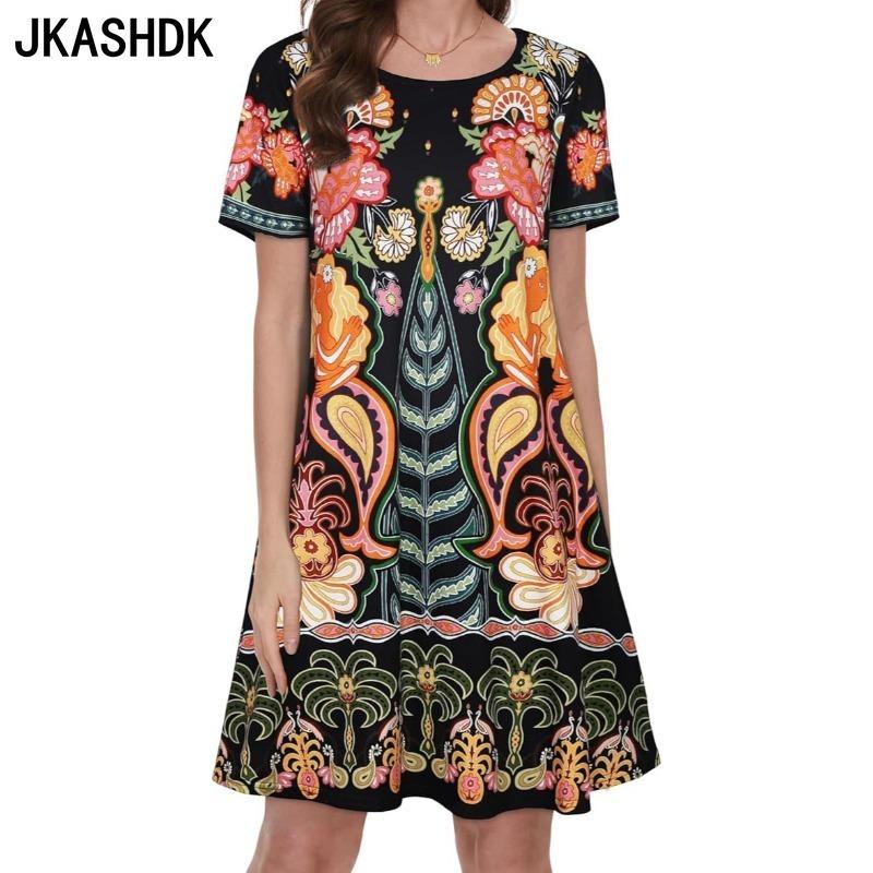 JKASHDK Abiti casual con stampa a fiori, a maniche corte, con scollo a V e vita larga, alla moda estiva da donna