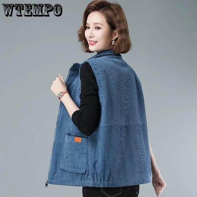 Άνοιξη και Φθινόπωρο Γιλέκο Μέσης Ηλικίας για Γυναίκες Μητέρες με Πέτο, Κοτλέ Γιλέκο, Μονόχρωμο Αμάνικο Μπουφάν