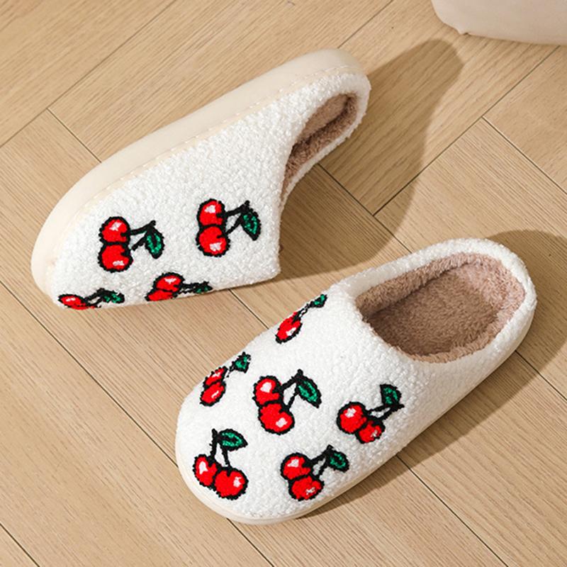 Fashion Cute Cherry Printed Winter Slippers for Women Thick Plush Warm House Shoes Woman Non Slip Comfortable Soft Indoor Slippers 2025