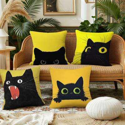 Black Cat Yellow Cartoon  Cushion Cover Pillow Case Plush Fabric Soft Double Sided Print Sofa Cushion Cover Throw Pillow Covers