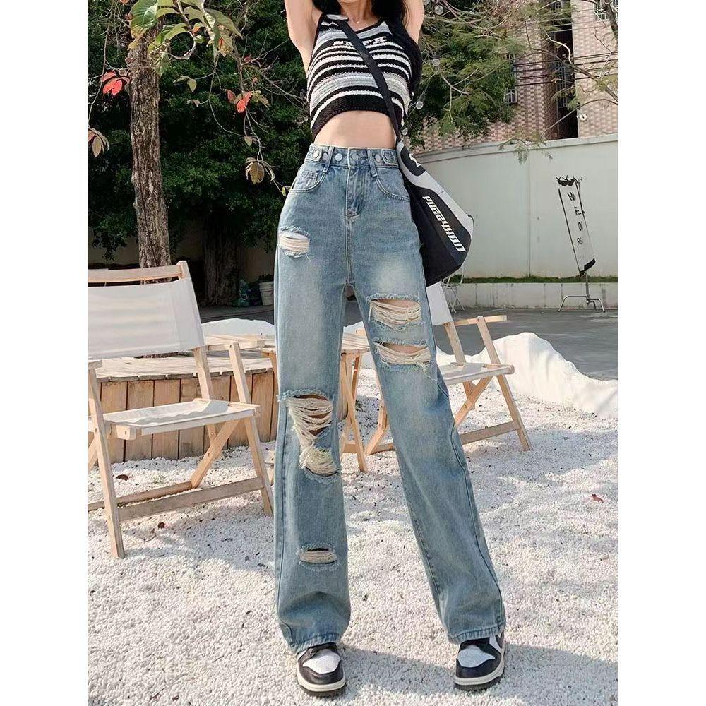 Women's Plus Size High Waist Ripped Jeans, Spring 2025 - Wide Leg, Floor Length, Straight Fit