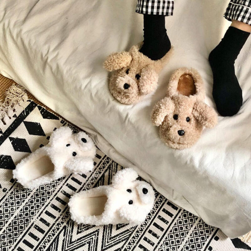 Glomi Cute Puppy Winter Fur Slippers beige