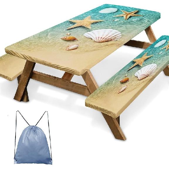 Sunflower Wooden Picnic Table Cover with Bench Covers, Rustic Summer Floral Farmhouse Outdoor Camping Essentials 6FT 3PCS Fitted Rectangle RV Must