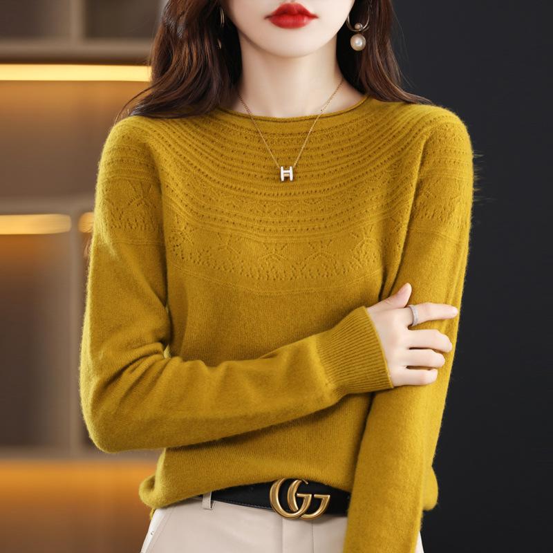 One-line Ready-to-wear Rolled Round Neck Hollow Cardigan for Women In Autumn and Winter Loose and Versatile Cashmere Knitted Base Shirt Top