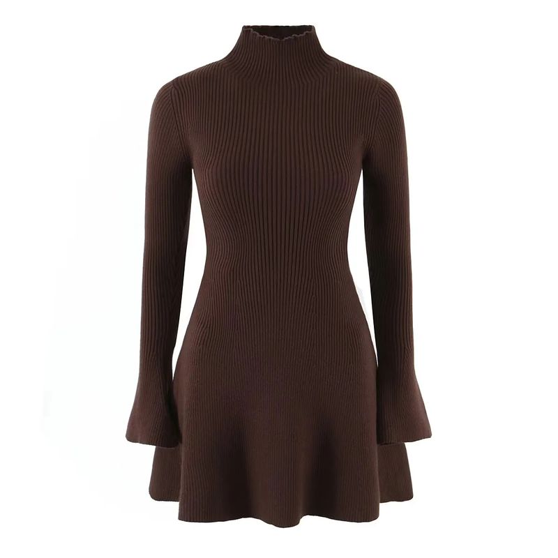 

Autumn New Women clothes French style Idle Style Half-high Collar Long sleeve Waist Hugging A- Shaped Wool Knitting Short Dress Curry color M