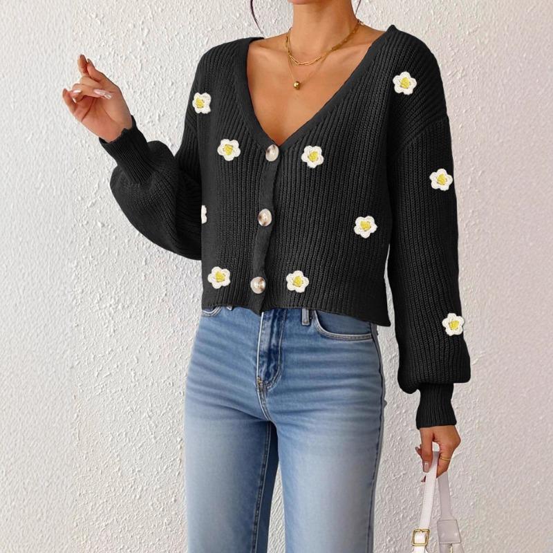 Women Loose Long Sleeve V Neck Cropped Hand Crochet Flower Patchwork Cardigan Sweater