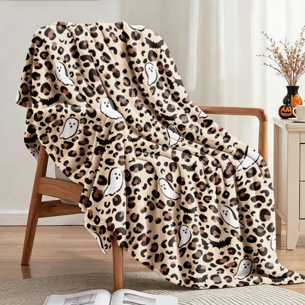 Flannel Throw Blanket with Halloween Leopard Print, Single-Sided Print, Cozy for Couch and Bed