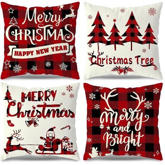 Christmas Pillow Covers 18x18 Set of 4 - Red Black Buffalo Check Plaid Decor - Indoor Outdoor Xmas Throw Pillow Cases for Sofa Couch