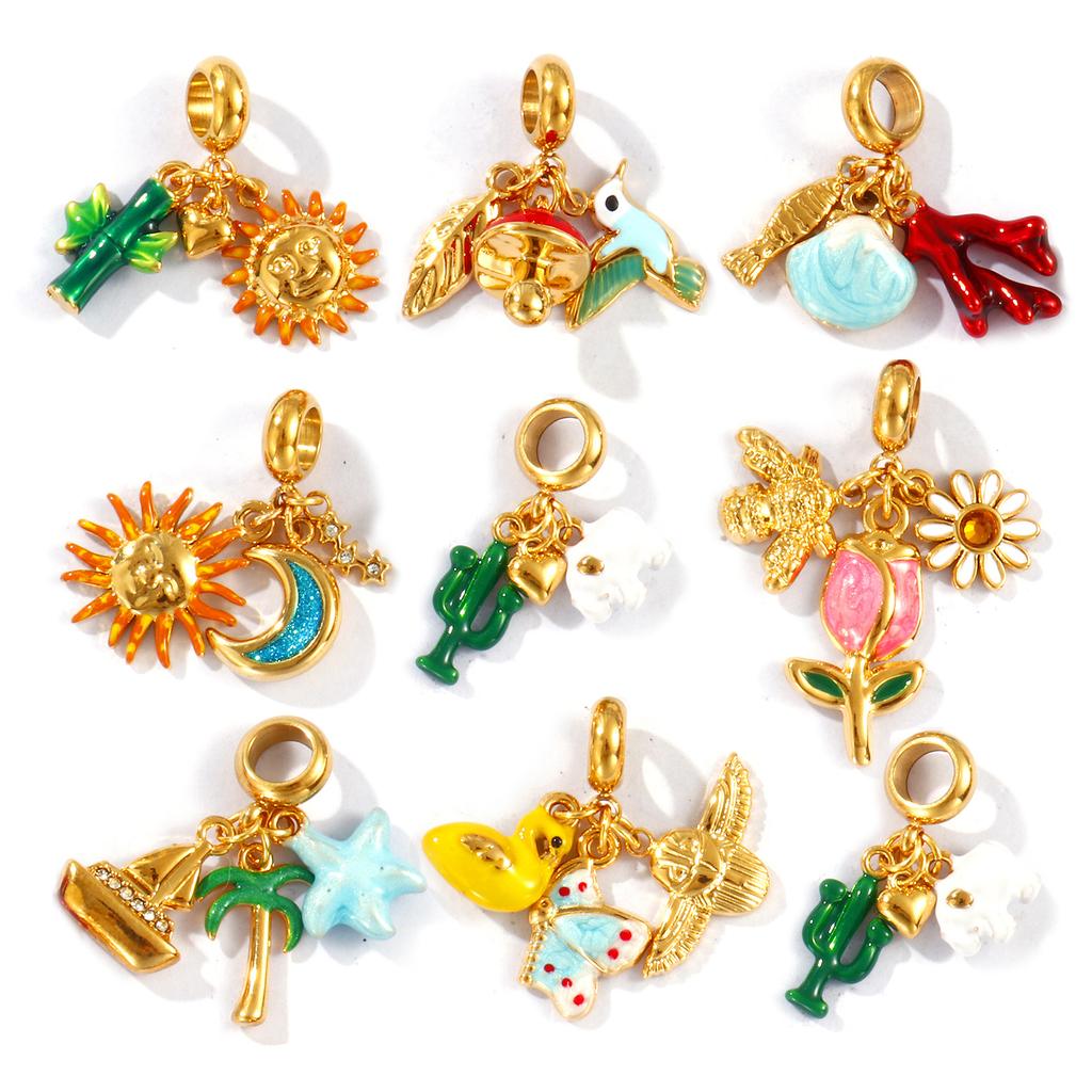 Doreen Box 18k Gold Plated Enamel Animal Plant Charms 304 Stainless Steel European Style Swing Bead Necklce Pendant