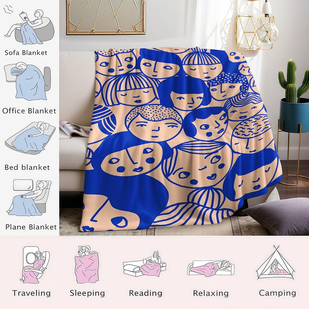 Blue - Lined Cartoon Faces Flannel Blanket Warm Soft Halloween Christmas Couch Warm Cozy Decorative Decor Gift for All Season