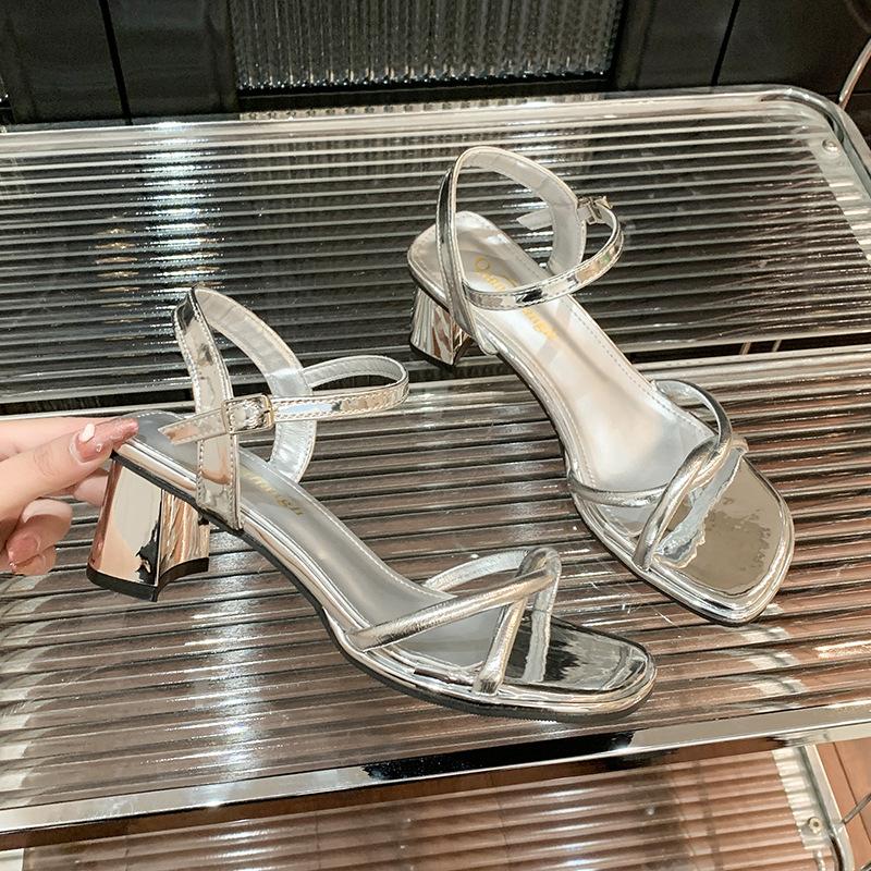 High-heeled sandals spring and summer 2025 new silver fashion pearl straps one-word strap thick-heeled sandals women