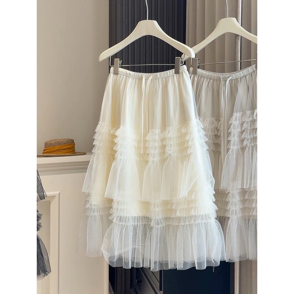 Qooth French Lace Tulle Midi Skirt Tiered Cake A-Line Skirt QT2849
