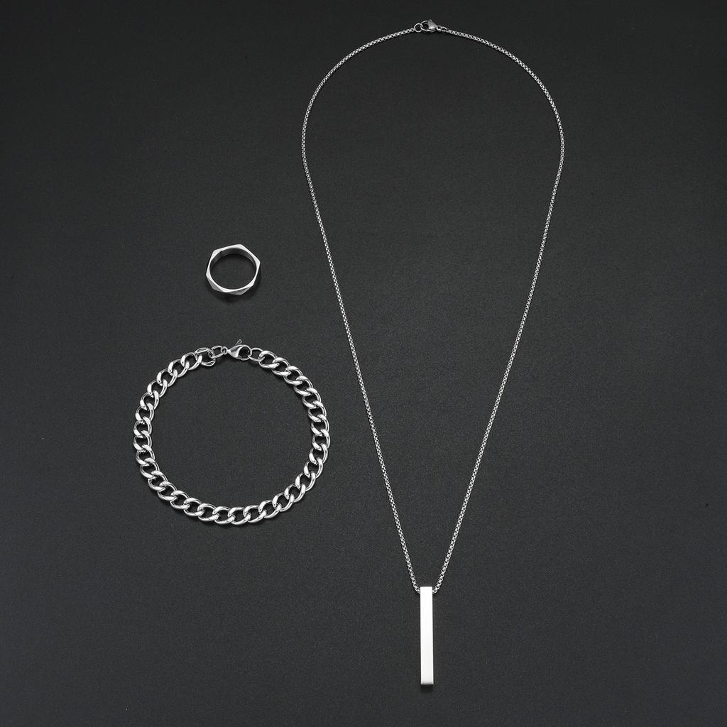 3pcs Stainless Steel Suit Zircon Set For Men, Hip-hop Rectangle Pendent Necklace, Bracelet And Ring Set