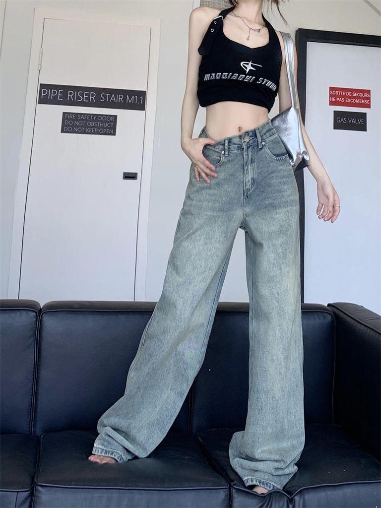 Women's Retro Distressed High-Waisted Wide-Leg Jeans - Slim-Fit, Straight-Leg, Floor-Length, Petite Autumn Style.