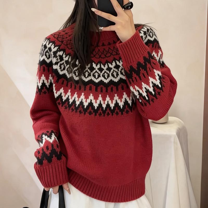 Women's Red Fair Isle Wool Sweater - Round Neck, Loose Fit, Thick Knit