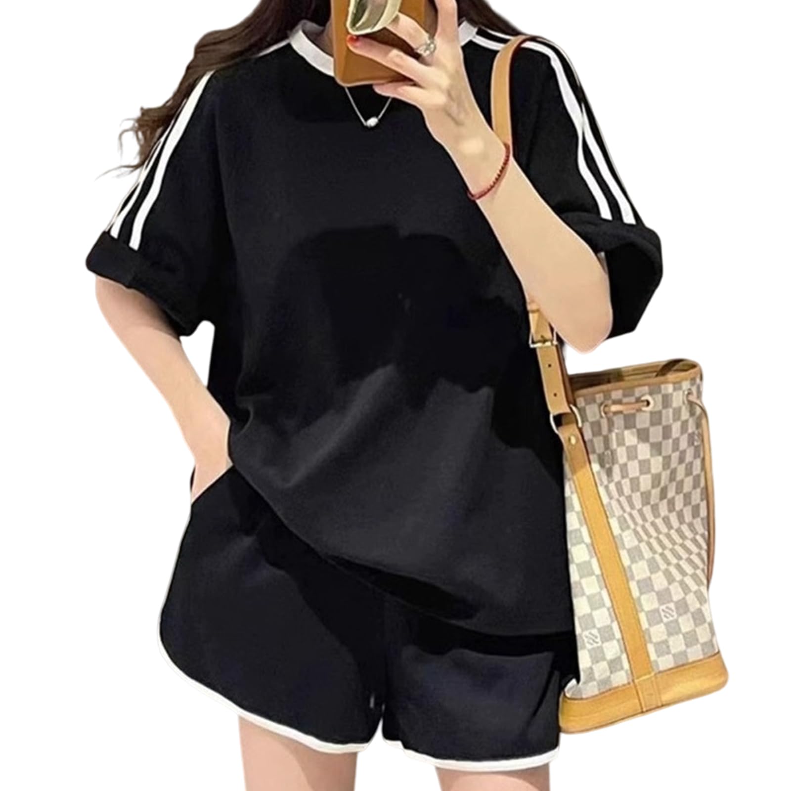 

Комплект женский, шорты, вырез горловины, наряд, цвет, дышащий, приятный к коже, посадка, с коротким рукавом и круглым вырезом, летний, однотонный, свободный, стильный, для дома [Z8two] чёрный