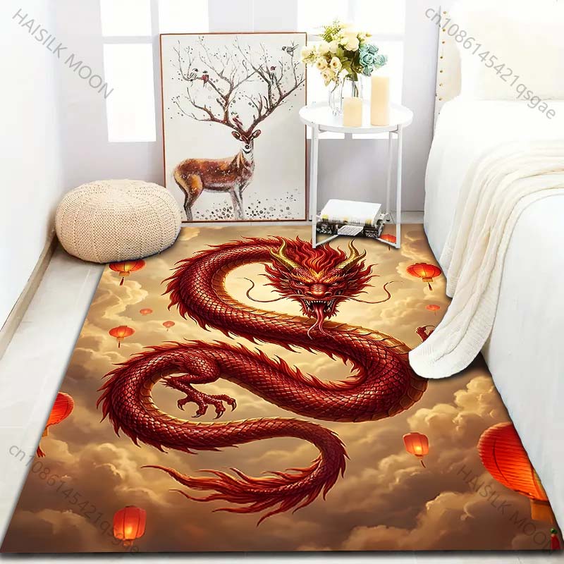 1PC Red Dragon with Floating Lanterns Carpet for Living Room Bedroom Sofa Home Decor Rus Non-slip Floor Mat Luxury Gift