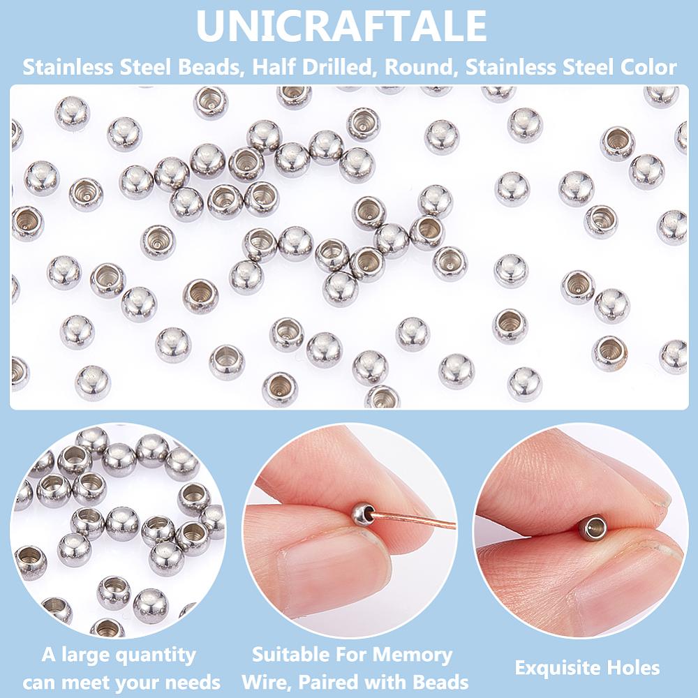 1box 202 Stainless Steel Beads Half Drilled Round Stainless Steel color 3x2mm Hole: 2mm 100pcs/box