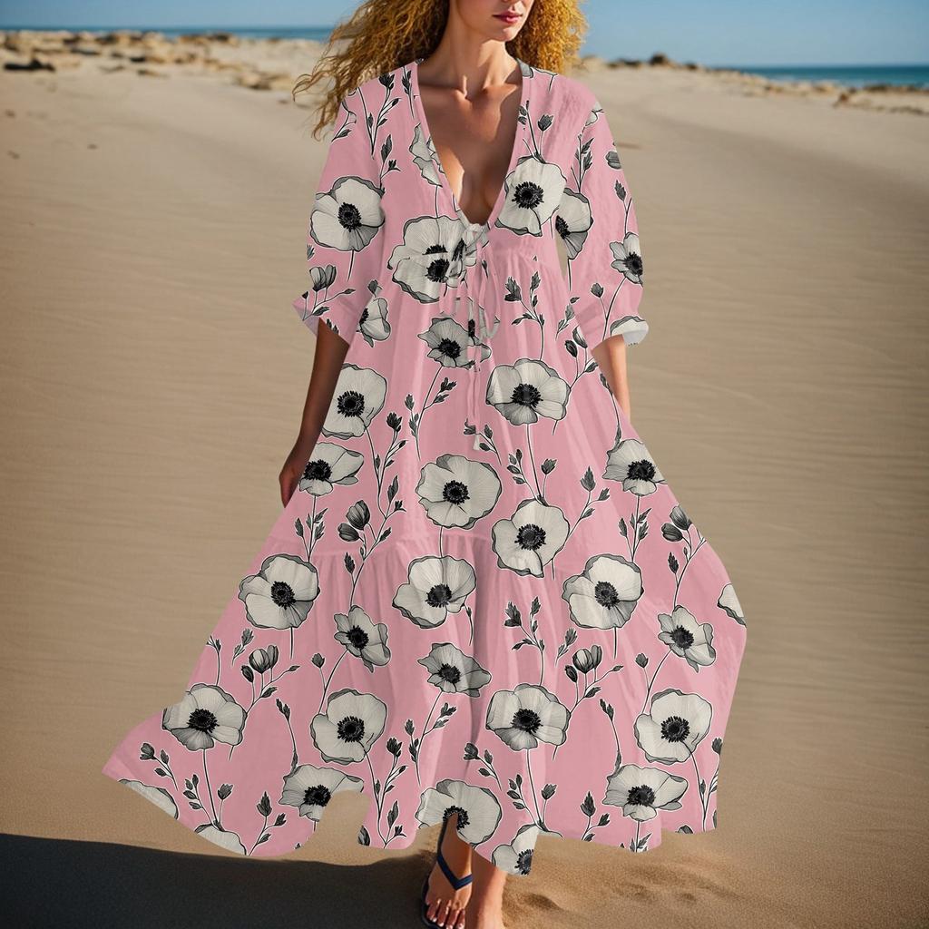 Women's Summer Fashion V-neck Retro Floral Print Short Sleeved Beach Dress With Lace Patchwork Dress