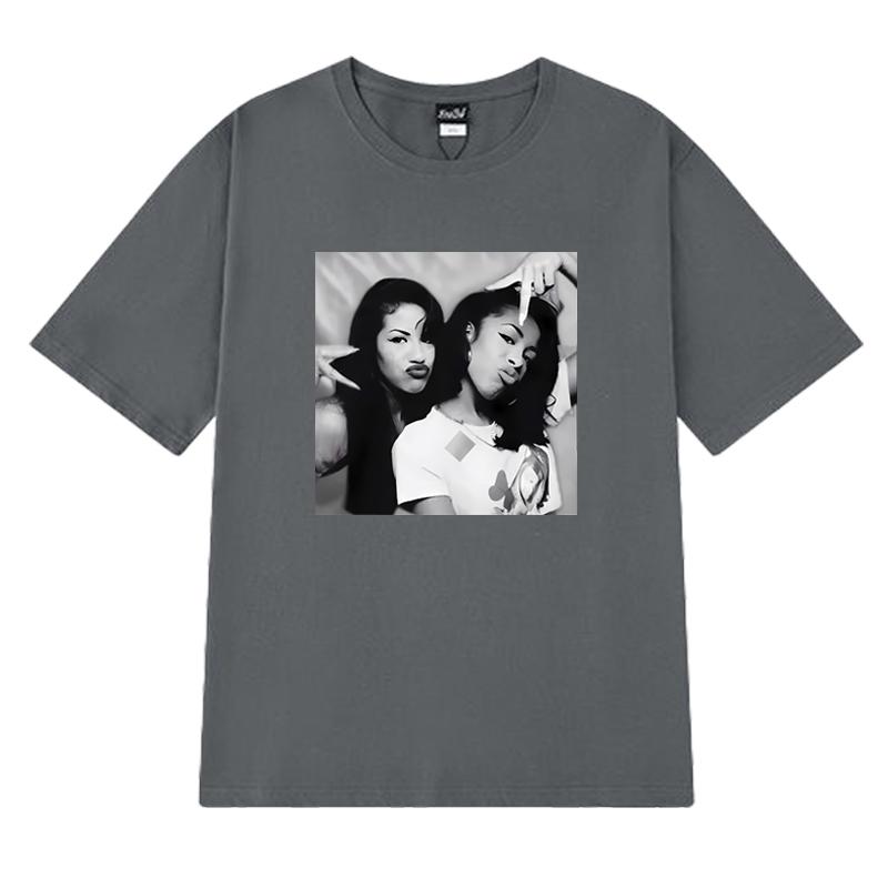 Fashion Aaliyah n Selena printed Graphic street Hip Hop Tee shirt 100 Cotton Unisex Women short sleeve Tshirts vintage Unisex Top