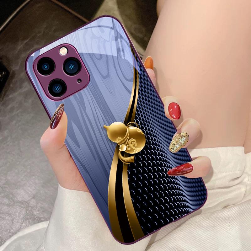 

Wood Grain Golden Gourd For IPhone 15 Pro 14 13 12 Mini 11 XS Max XR 7 8 Plu SE 2020 2022 Tempered Glass Phone Case For iPhone SE (2020)