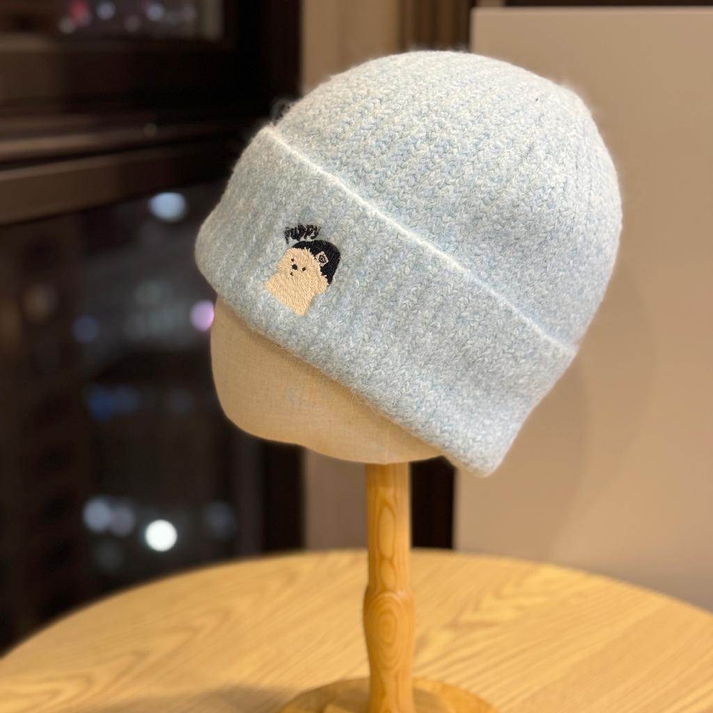Cute Bear Embroidered Knitted Hat for Women Korean Style Autumn and Winter Warm and Face Friendly Small Ear Protection Woolen Cold Hat