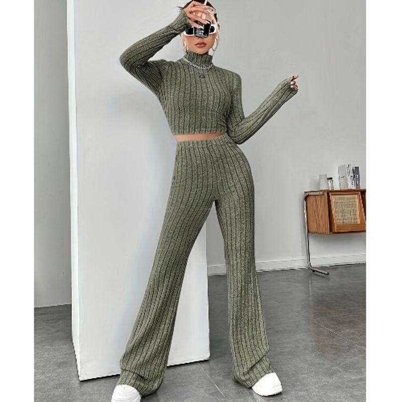 

Autumn New European and American Fashion Solid Stand Collar Short Slim fit Long sleeve Knit Micro-Pull Long sleeve Two-piece Suit Pack Army Green 2XL