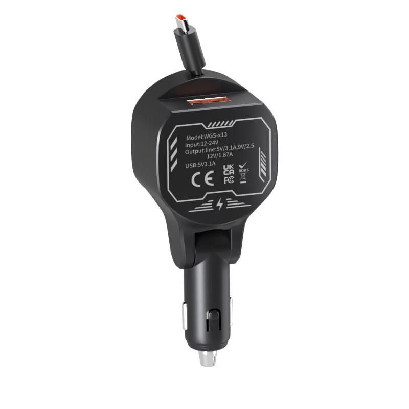 Retractable Car Phone Charger 66W Super Fast Cell Phone Charger PD USB Type C Voltage Detect Car Cigarette Lighter Adapter