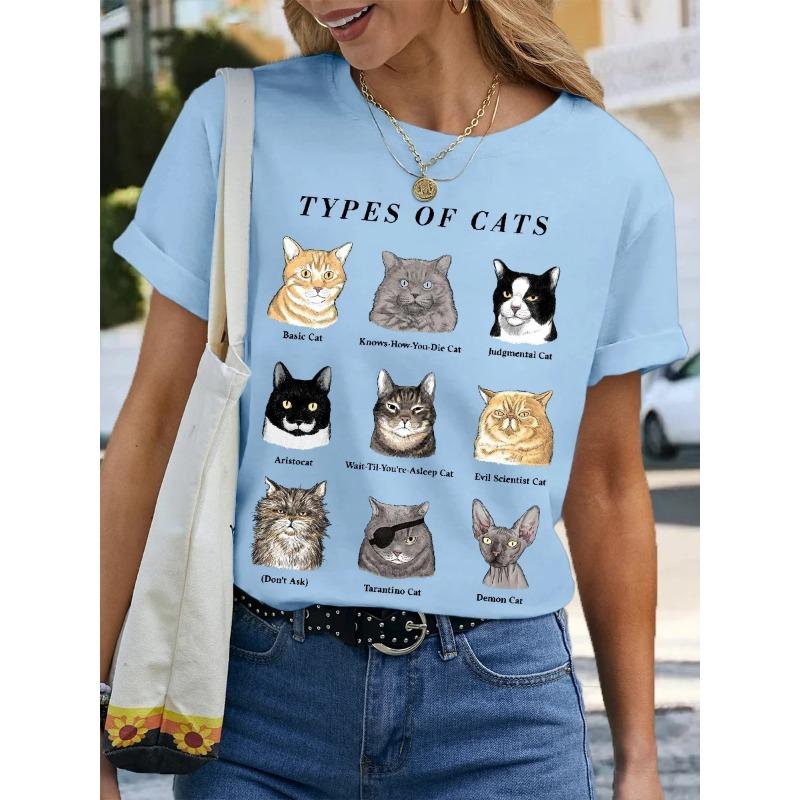 Letnie T-shirty damskie z okrągłym dekoltem i modnym nadrukiem 3D kota z krótkim rękawem