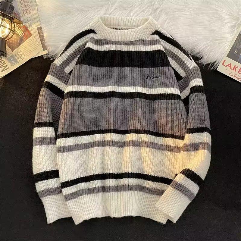 Sweater Men's Japanese retro striped contrasting bottoming sweater, thread sweater, thickened trendy brand loose knitted sweater jacket in autumn 