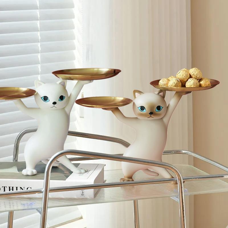 Creative Cat Tray Resin Sculpture Figurine Key Desktop Candy Home Office Table Storage Decoration Accessories Room Animal Decor