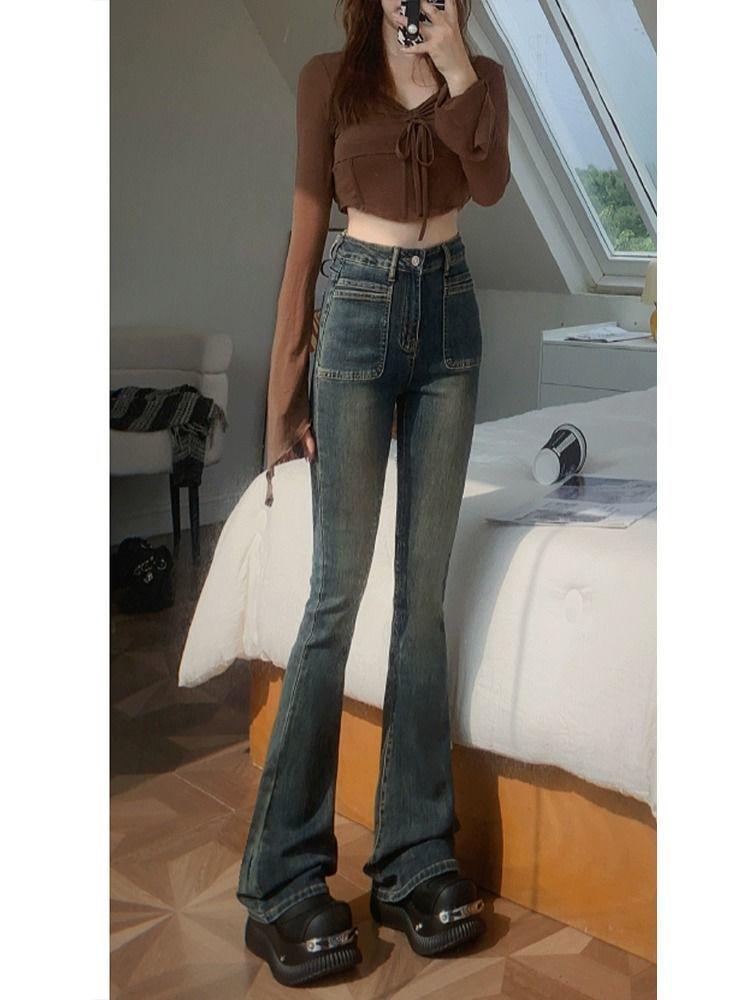 Retro Cement Gray High-Waist Flared Stretch Jeans - 2024 Winter Collection