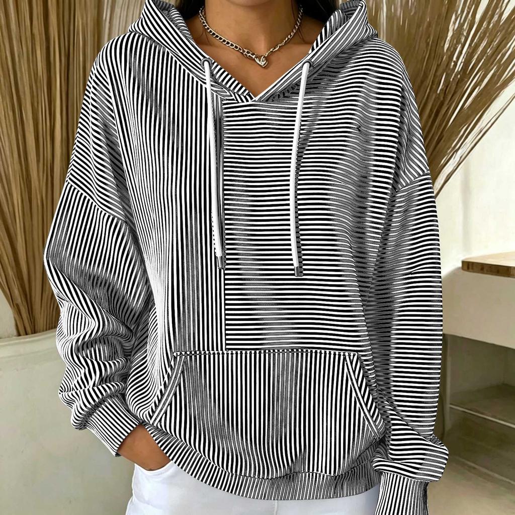 Women's Loose Fit Hooded Striped Long Sleeve Pullover with Pockets