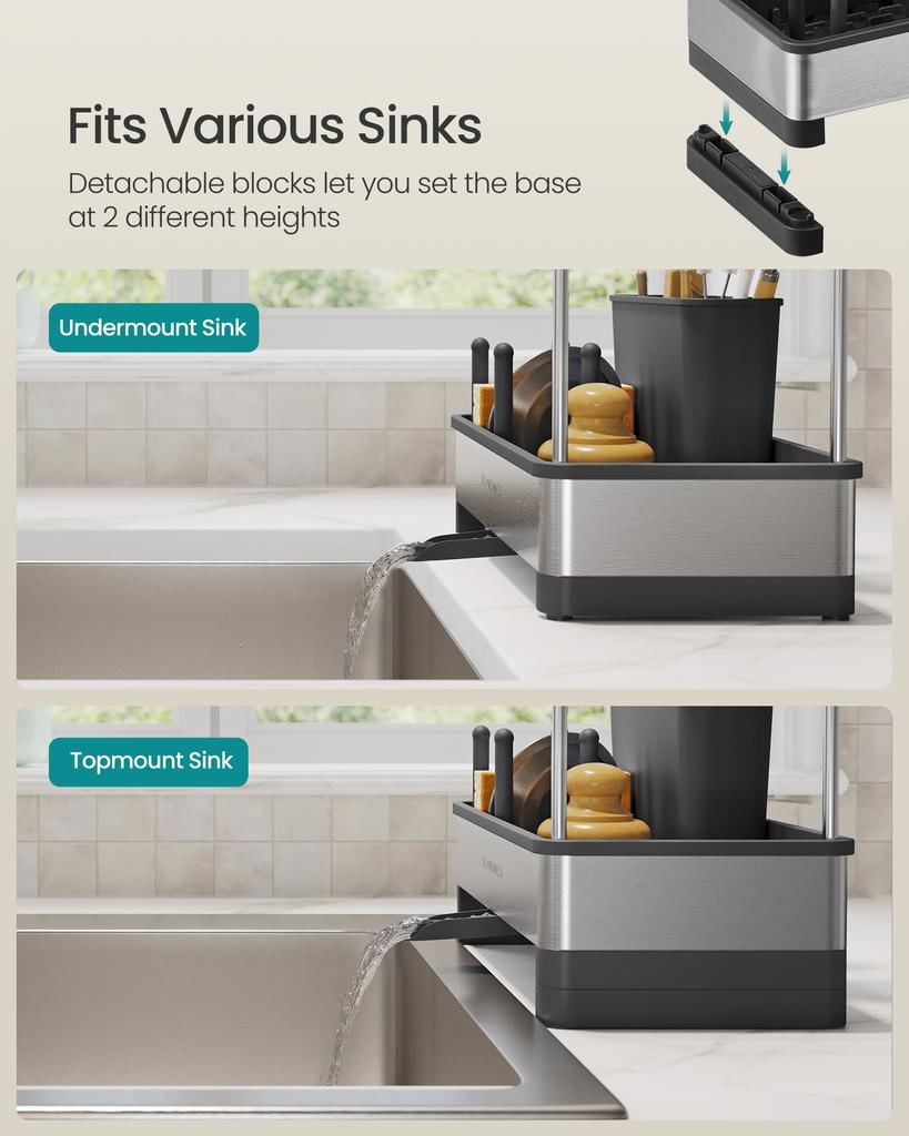 SONGMICS Kitchen Sink Caddy Tidy, Sink Organiser with Sponge Holder, Washing up Caddy for Brushes, Cloths, Soap, Stainless Steel, Space-Saving