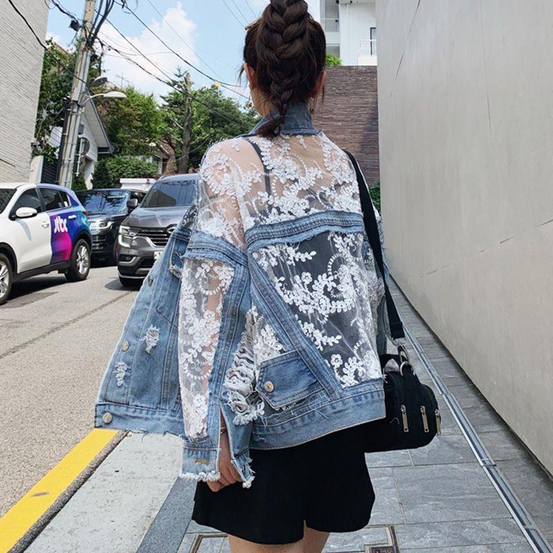 Giacca di Jeans con Ricamo a Rete e Fori, Estiva, Cuciture in Pizzo, Abbigliamento Donna Primavera Corto in Pizzo Protezione Solare