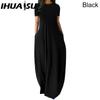 IHUASU Women Casual Loose Long Dress O-Neck Short Sleeve Summer Beach Dress Elegant Party Dress