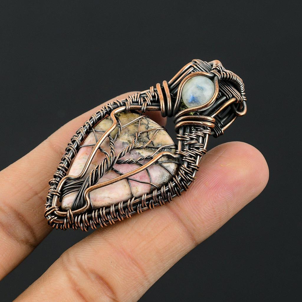 Crzay Lace Agate & Rainbow Moonstone 999 Copper Wire Wrapped Pendant Handmade Gemstone Jewelry, Gifts For Wife Brand New Pendant