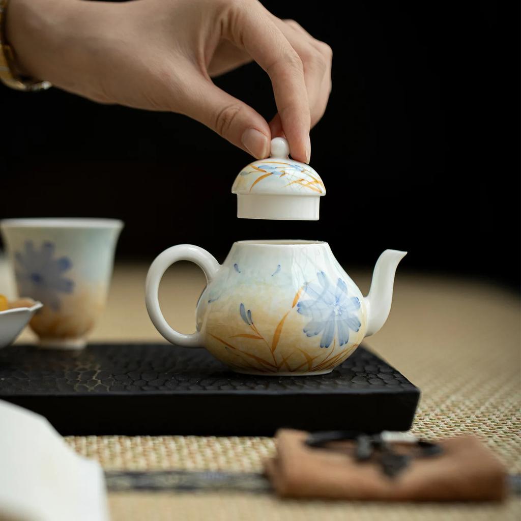 1Pc Oil Painting Style Smudging Hand-painted Teapot Kung Fu TeaSet Hand-held Pot Making Tea Ball Hole Filtering Household Teapot