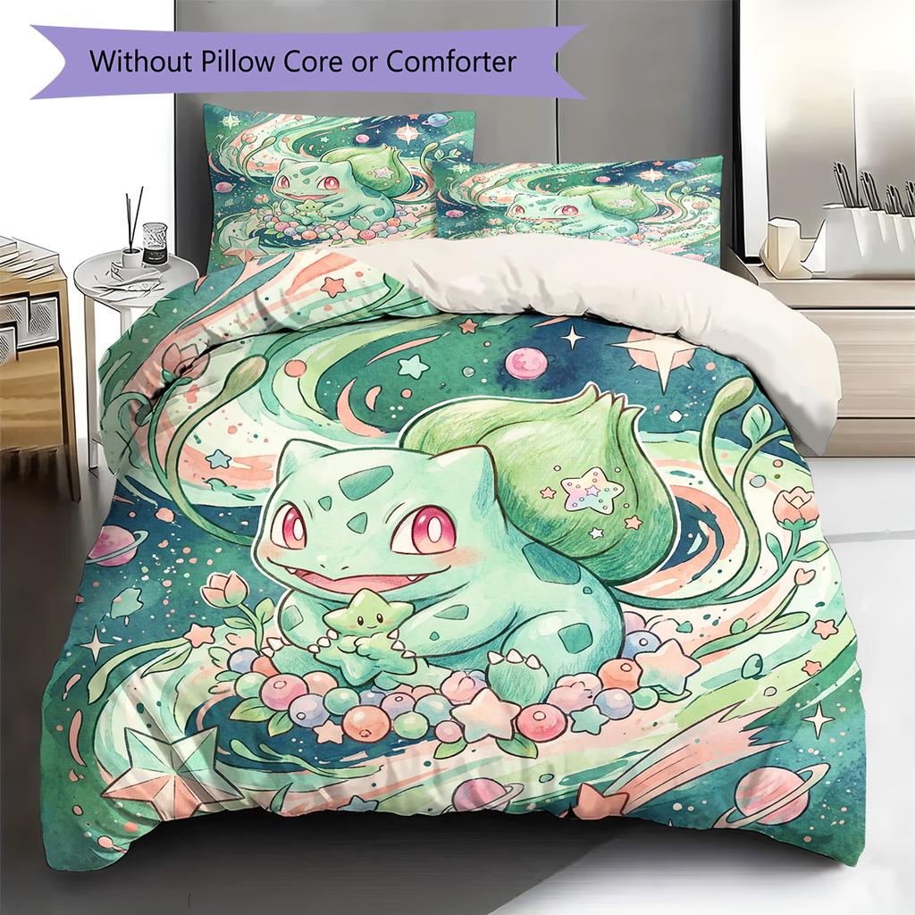 Bulbasaur Pattern Bedding Quilt Set Quilt Cover Pillowcase Home Decoration Birthday Gift (1 * duvet cover + 2 * pillowcase, without core)