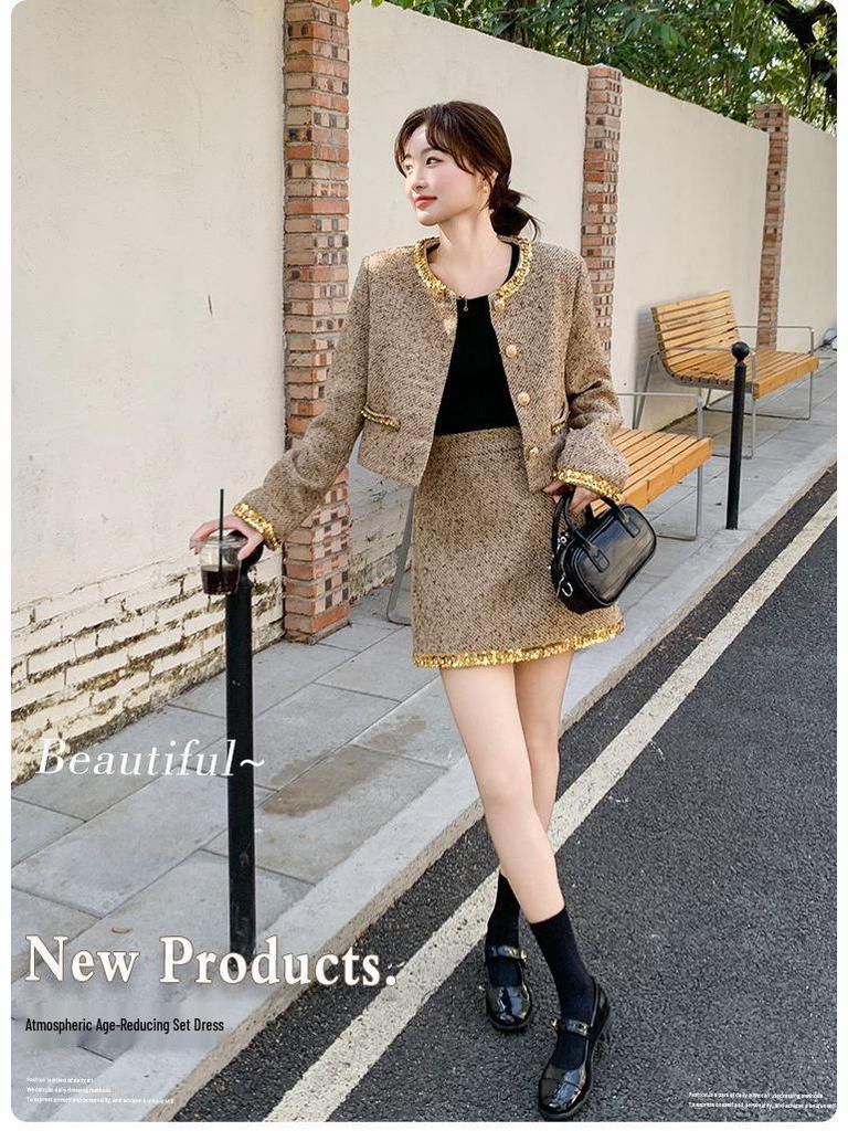 Szykowne tweedowe marynarki w kolorze złotym z cekinami i zestaw spódnic z koralikami dla kobiet