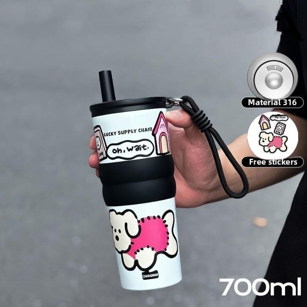 

Large Capacity Thermal Bottle 600ML Straw Cup Portable Insulated Cup White - Stainless Steel