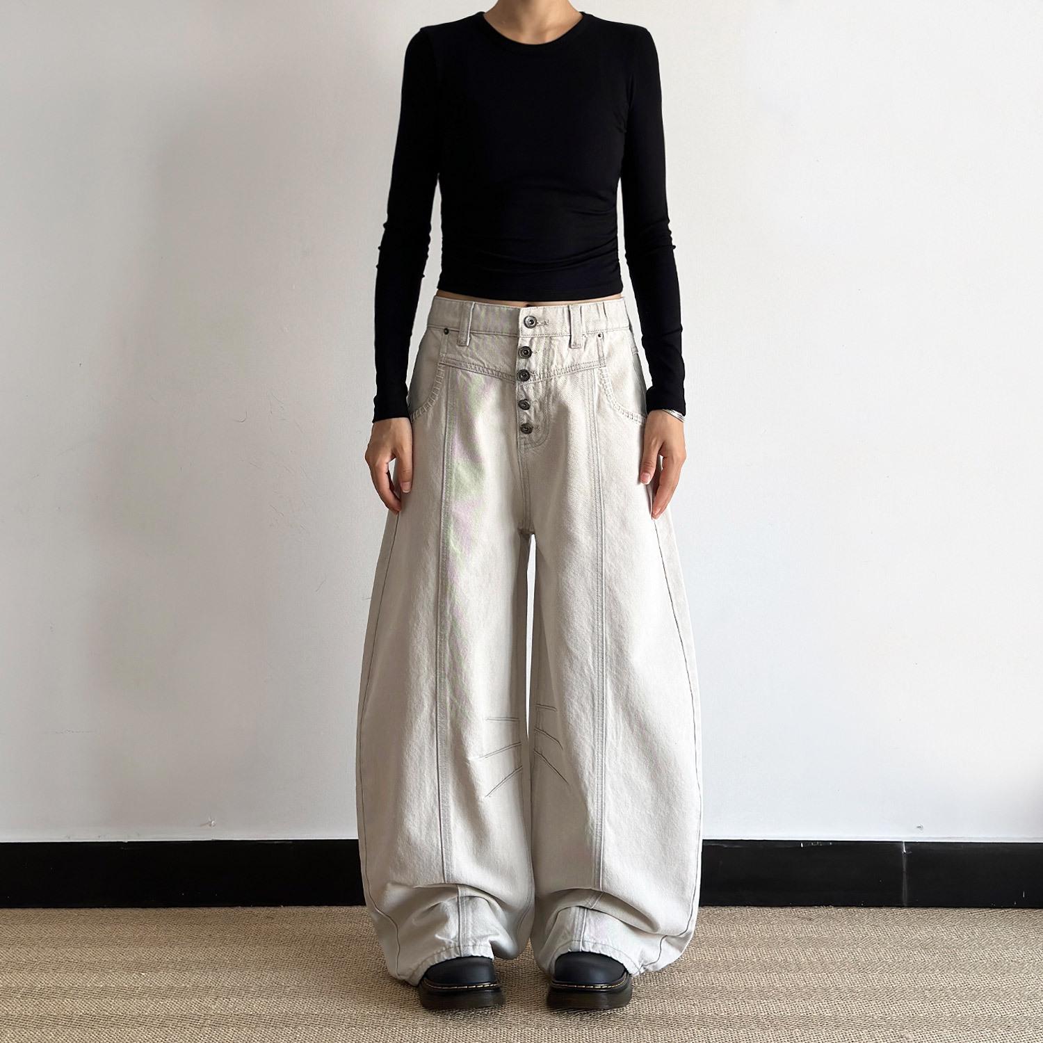 Unisex Deconstructed Buckle Curved Leg Jeans – Loose Washed, Distressed, Heavyweight Wide-Leg Trendy Pants. 2X Large серый/белый