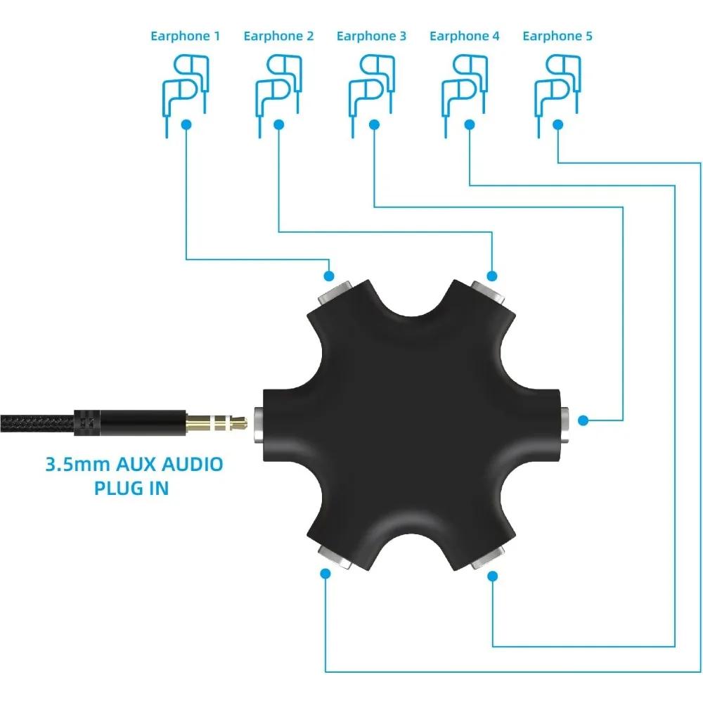 Multi Headphone Audio Splitter 3.5mm 5-Jack Female Connector Adapter with 3.5mm Stereo Cable 20cm Digital Audio Video Cables