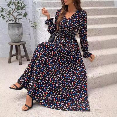 Women's Clothing  Spring Fashion Printed Long Dress V-neck Long-sleeved Big Swing Dress